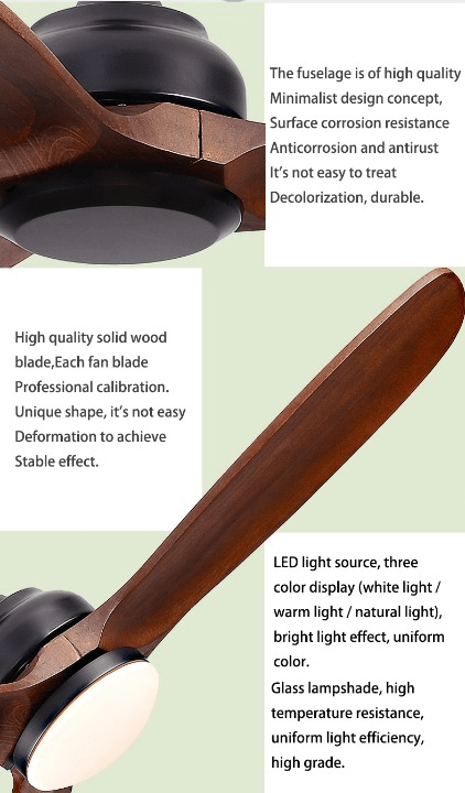 52" Modern Solid Wood Ceiling Fan with Led Light and Remote Control