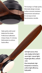 52" Modern Solid Wood Ceiling Fan with Led Light and Remote Control