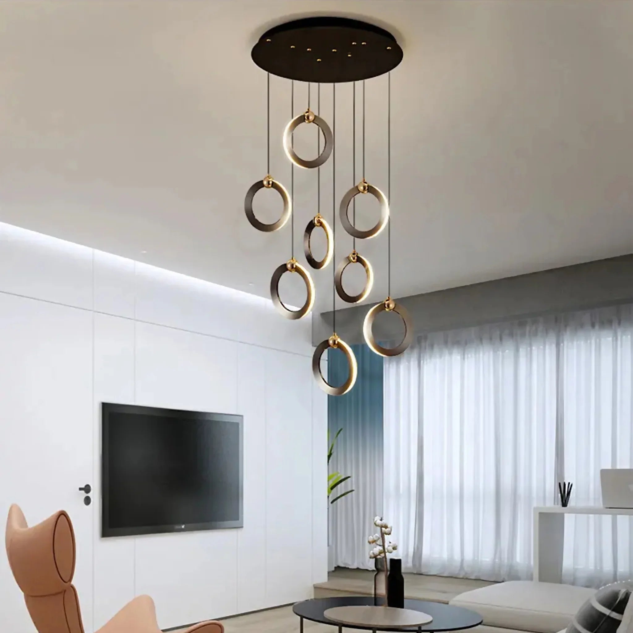 Agra | Elegant Gold Black Led Pendant Rings Chandelier
