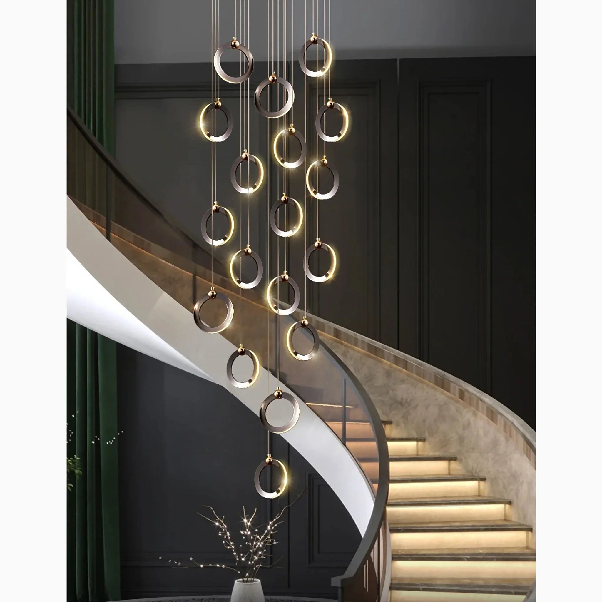 Agra | Elegant Gold Black Led Pendant Rings Chandelier