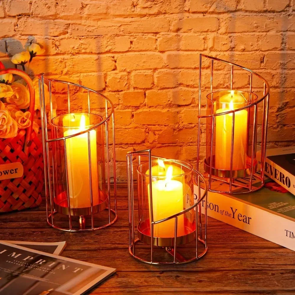 Centerpiece Set of Six Glass and Metal Candleholders with Candles