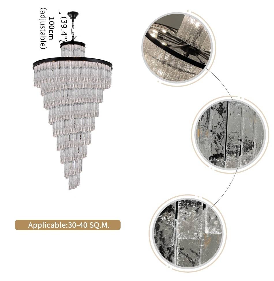 Elegant Frosted Glass Long Black Chandelier For Staircase