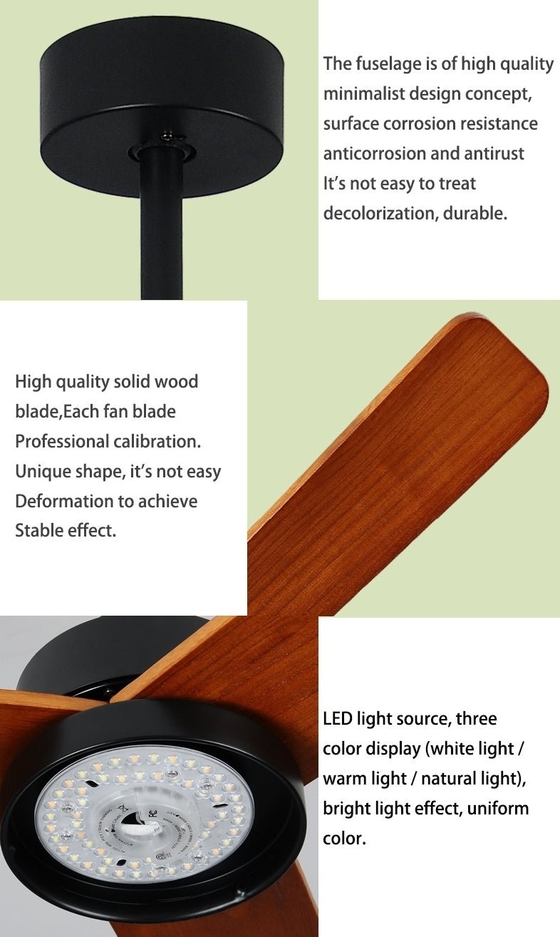 52" Modern Solidwood Ceiling Fan with Light and Remote Control