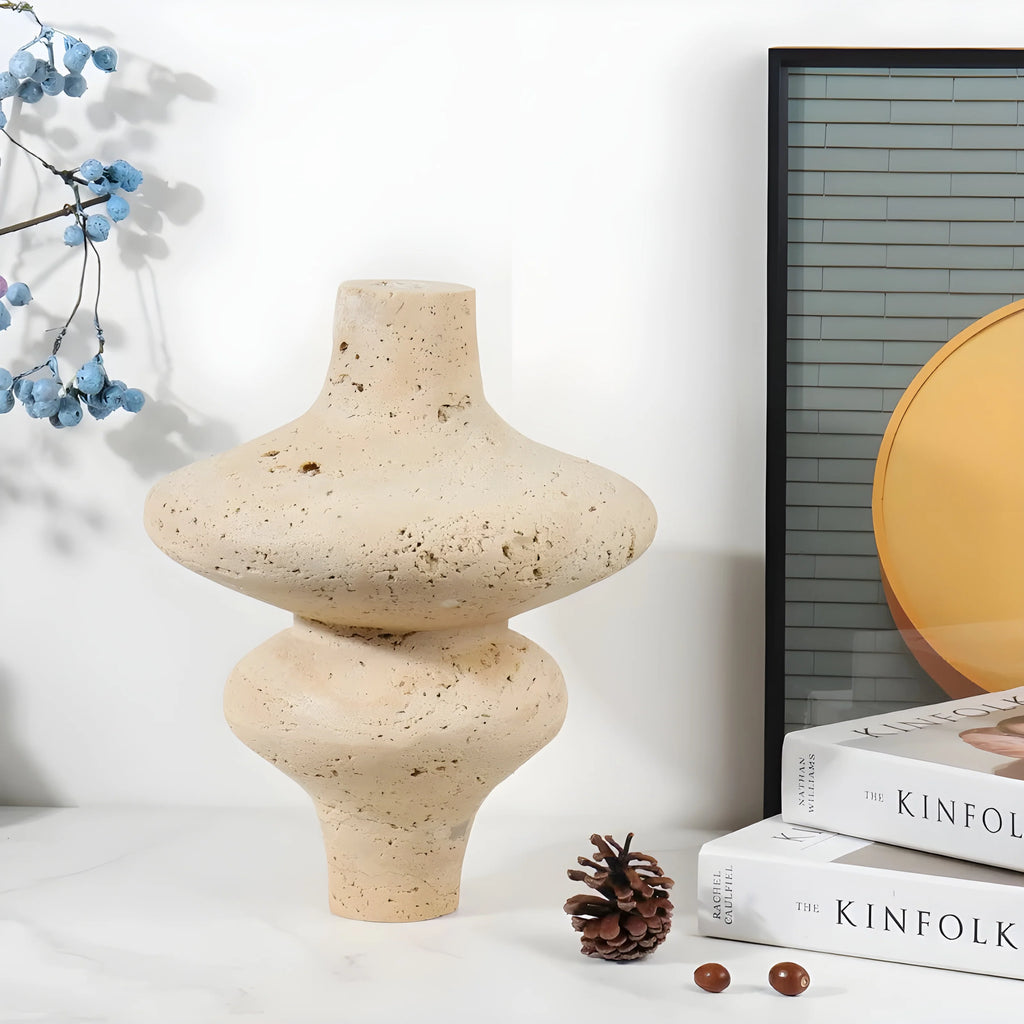 Antique Beige Natural Travertine Flower Vase for Living Room