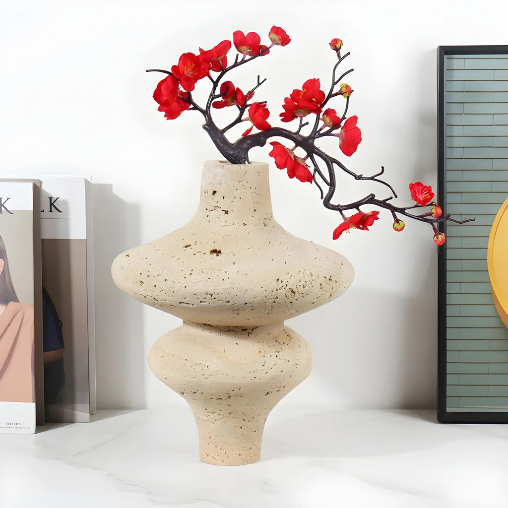 Antique Beige Natural Travertine Flower Vase for Living Room