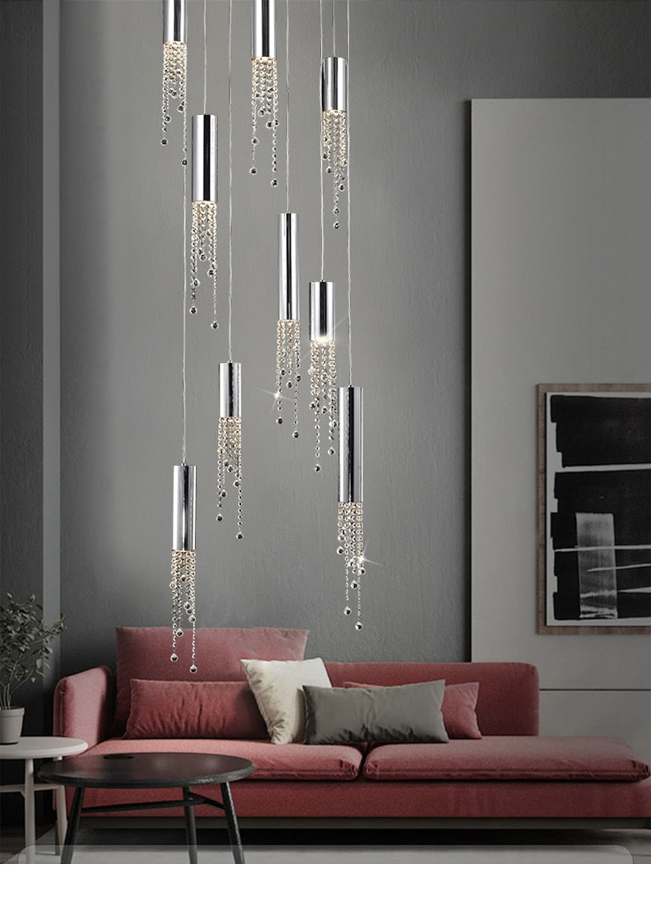 5 Lights - Hanging crystal light fixture for lobby, staircase, loft, stairwell