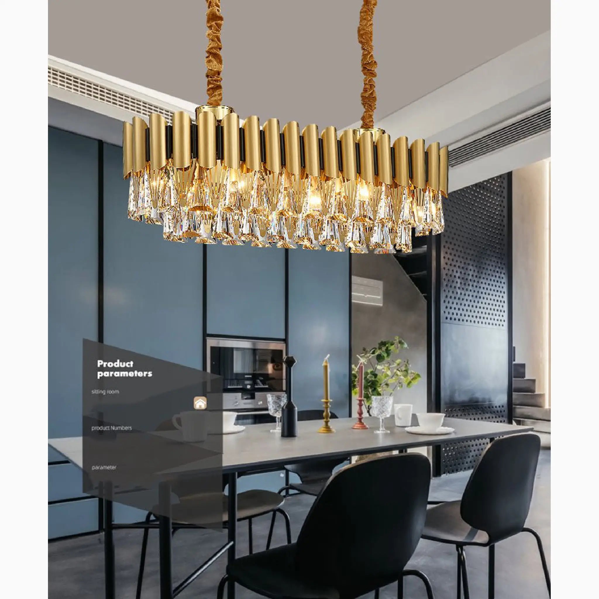 Algeciras | Luxury Rectangle Gold Crystal Chandelier For Kitchen, Living room