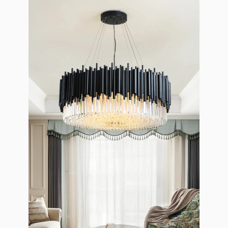 Alghero | Luxury Drum Black Crystal Hanging Chandelier for Living Room