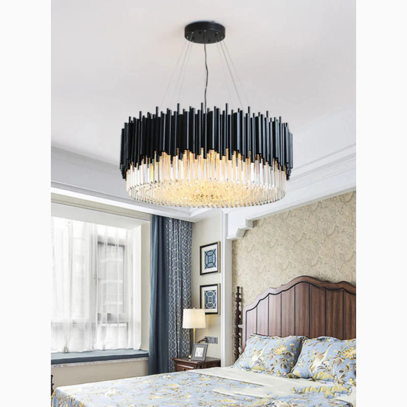 Alghero | Luxury Drum Black Crystal Hanging Chandelier for Living Room