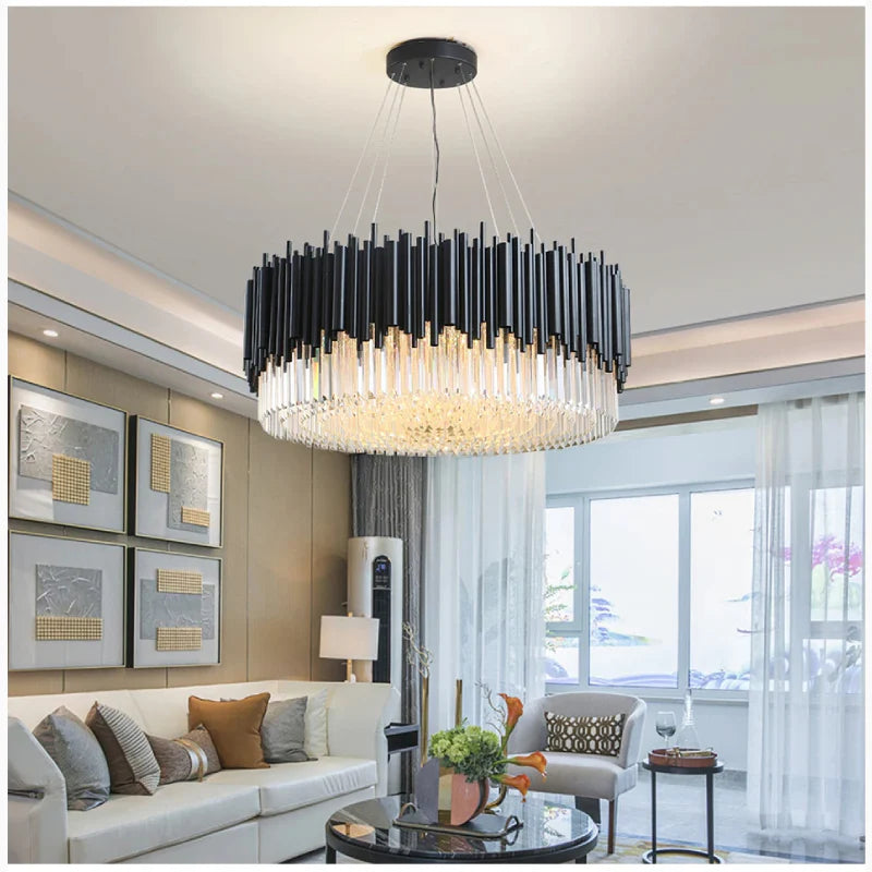 Alghero | Luxury Drum Black Crystal Hanging Chandelier for Living Room