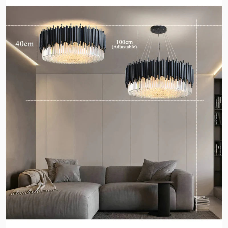 Alghero | Luxury Drum Black Crystal Hanging Chandelier for Living Room