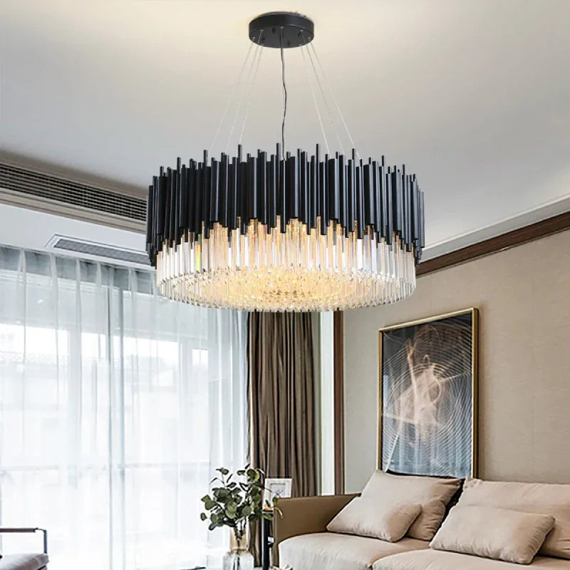 Alghero | Luxury Drum Black Crystal Hanging Chandelier for Living Room