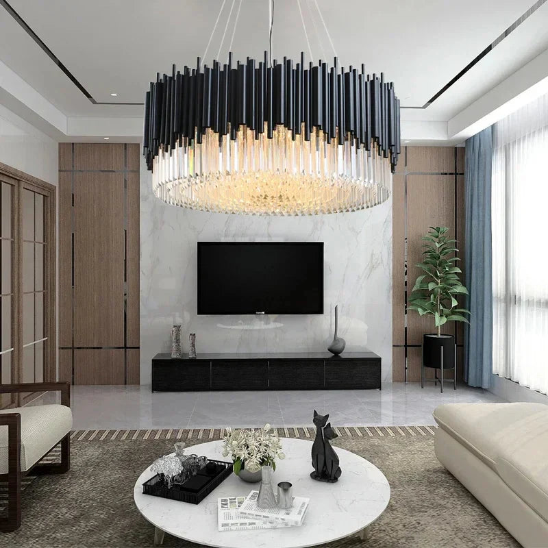Alghero | Luxury Drum Black Crystal Hanging Chandelier for Living Room