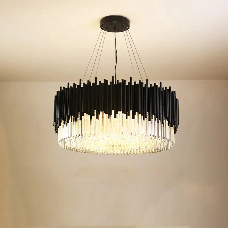 Alghero | Luxury Drum Black Crystal Hanging Chandelier for Living Room