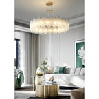 Algua | Round Gold Leaf White Frosted Glass Chandelier for Living Room