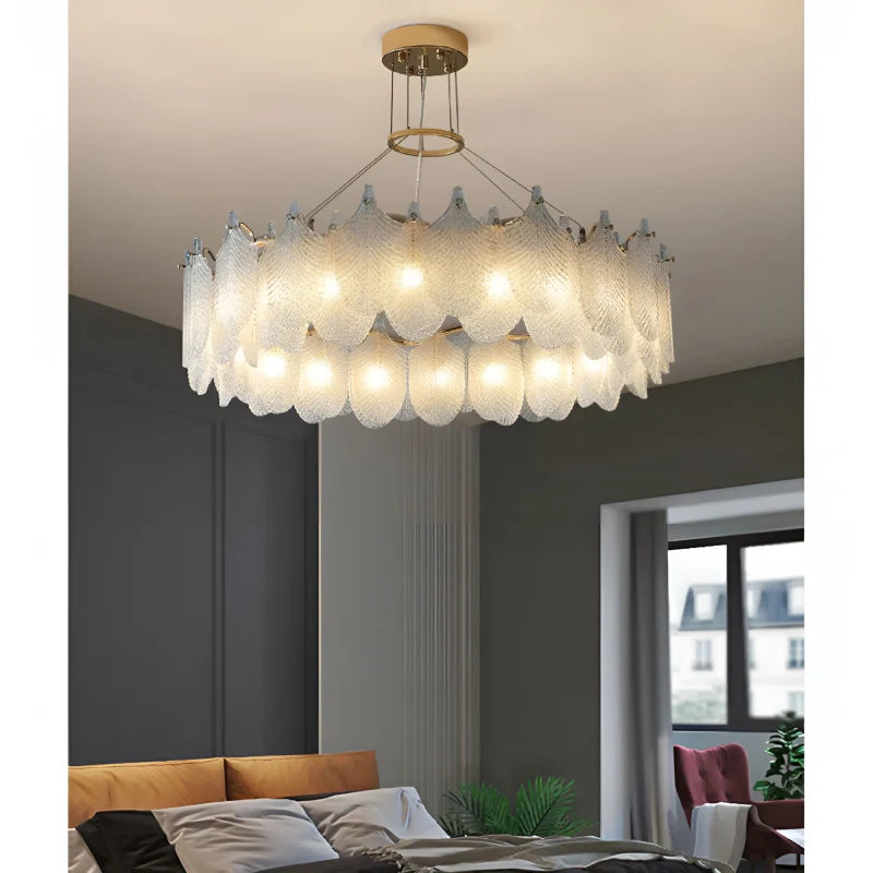 Algua | Round Gold Leaf White Frosted Glass Chandelier for Living Room