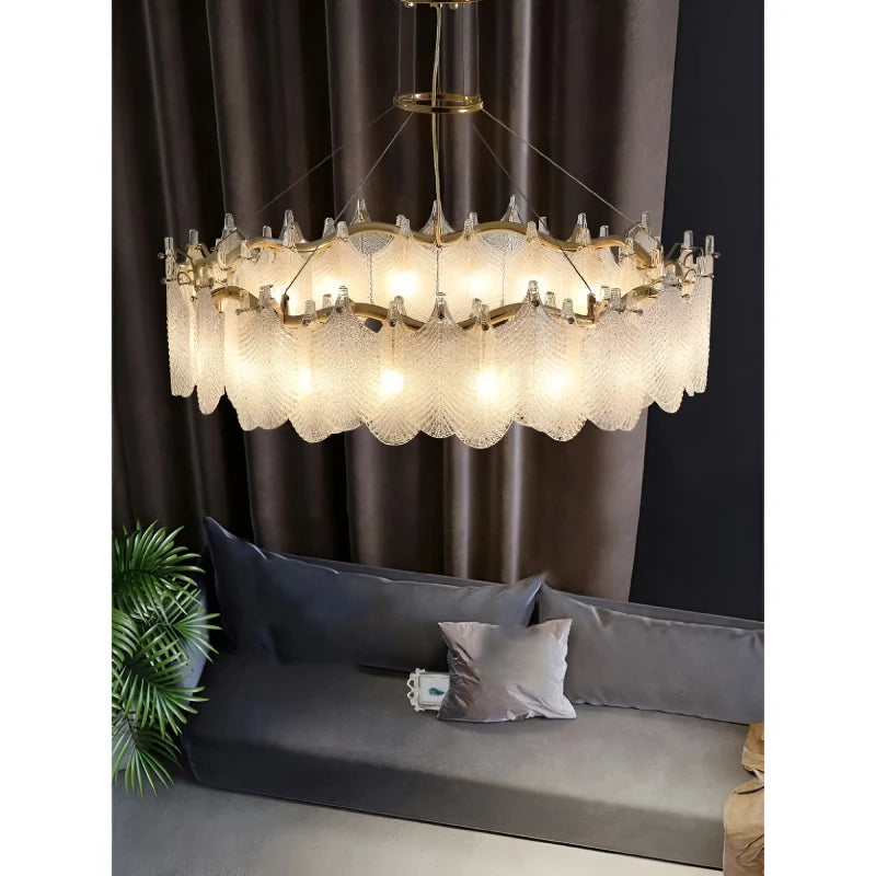 Algua | Round Gold Leaf White Frosted Glass Chandelier for Living Room
