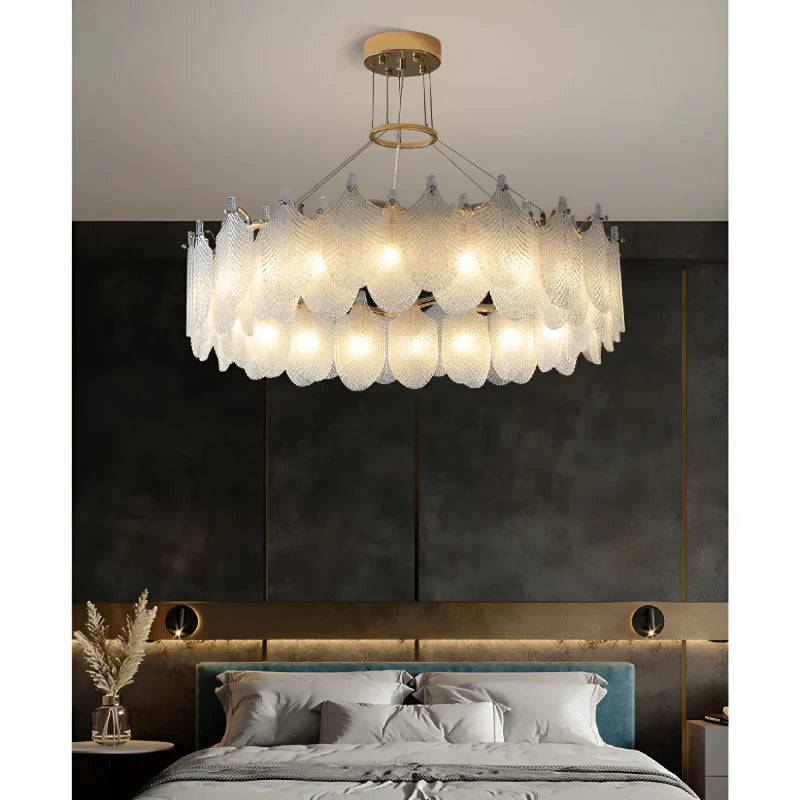 Algua | Round Gold Leaf White Frosted Glass Chandelier for Living Room