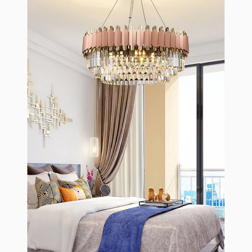 Alseno | Luxury Drum Gold/Pink Round Crystal LED Chandelier For Dining Room