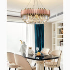 Alseno | Luxury Drum Gold/Pink Round Crystal LED Chandelier For Dining Room