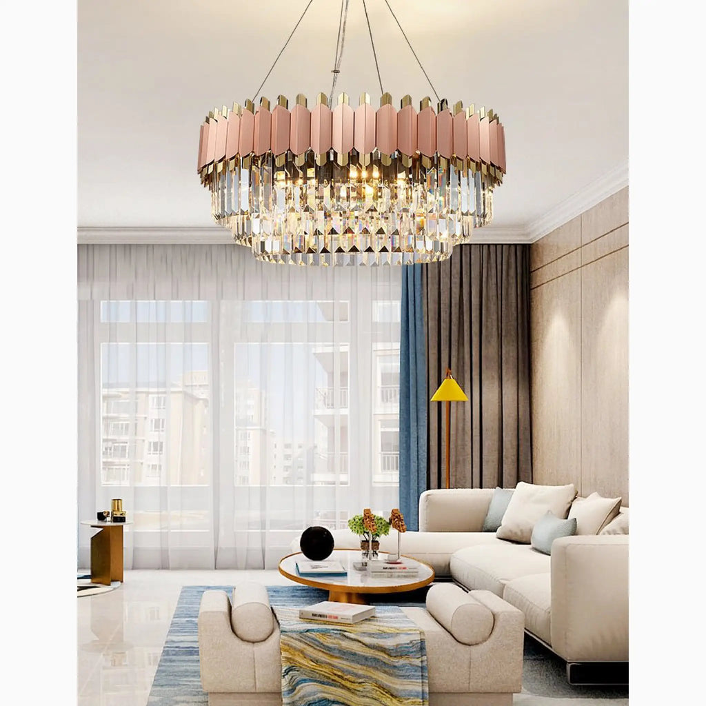 Alseno | Luxury Drum Gold/Pink Round Crystal LED Chandelier For Dining Room