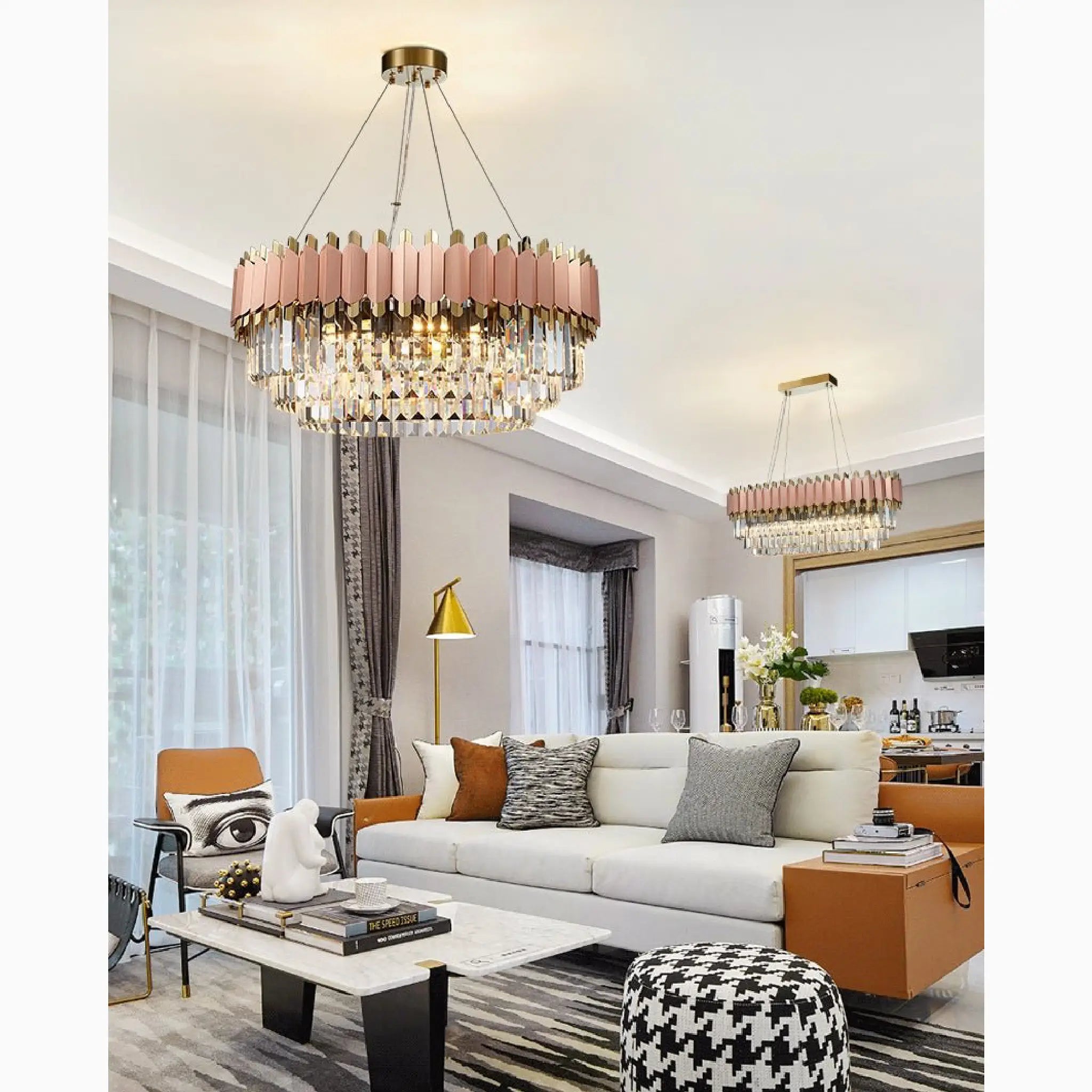 Alseno | Luxury Drum Gold/Pink Round Crystal LED Chandelier For Dining Room