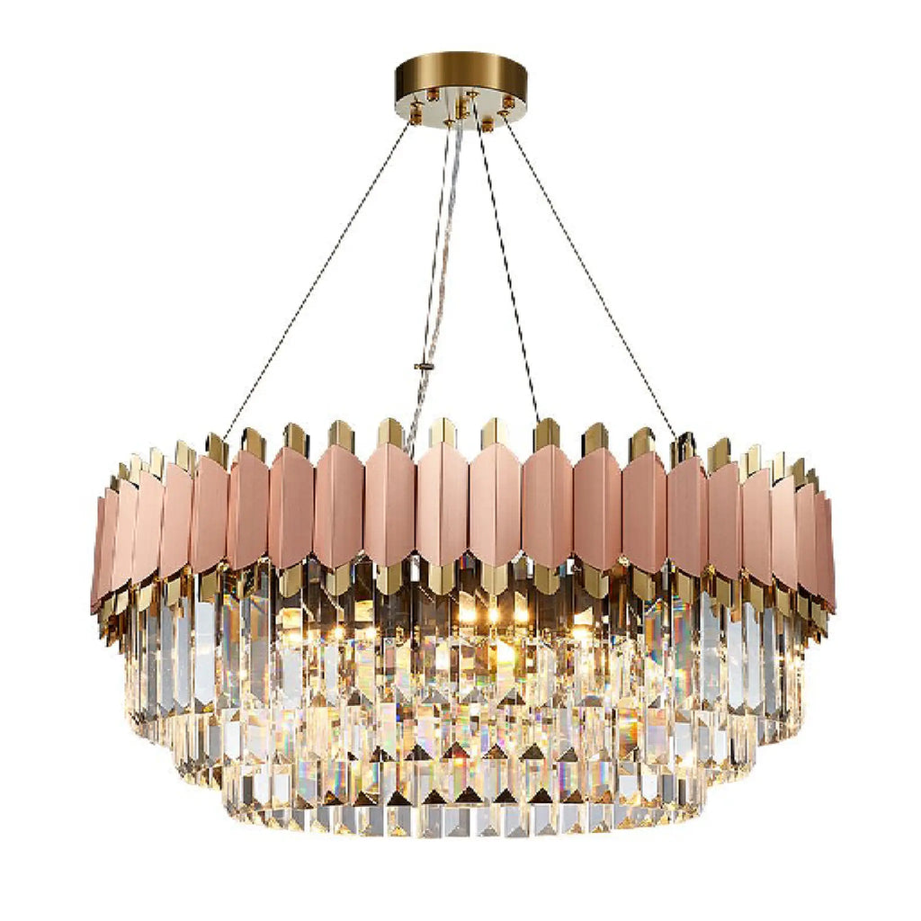 Alseno | Luxury Drum Gold/Pink Round Crystal LED Chandelier For Dining Room
