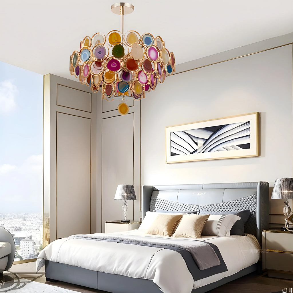 Altavilla Milicia | Gold Round Colorful Agate Stone Bohemian Style Chandelier