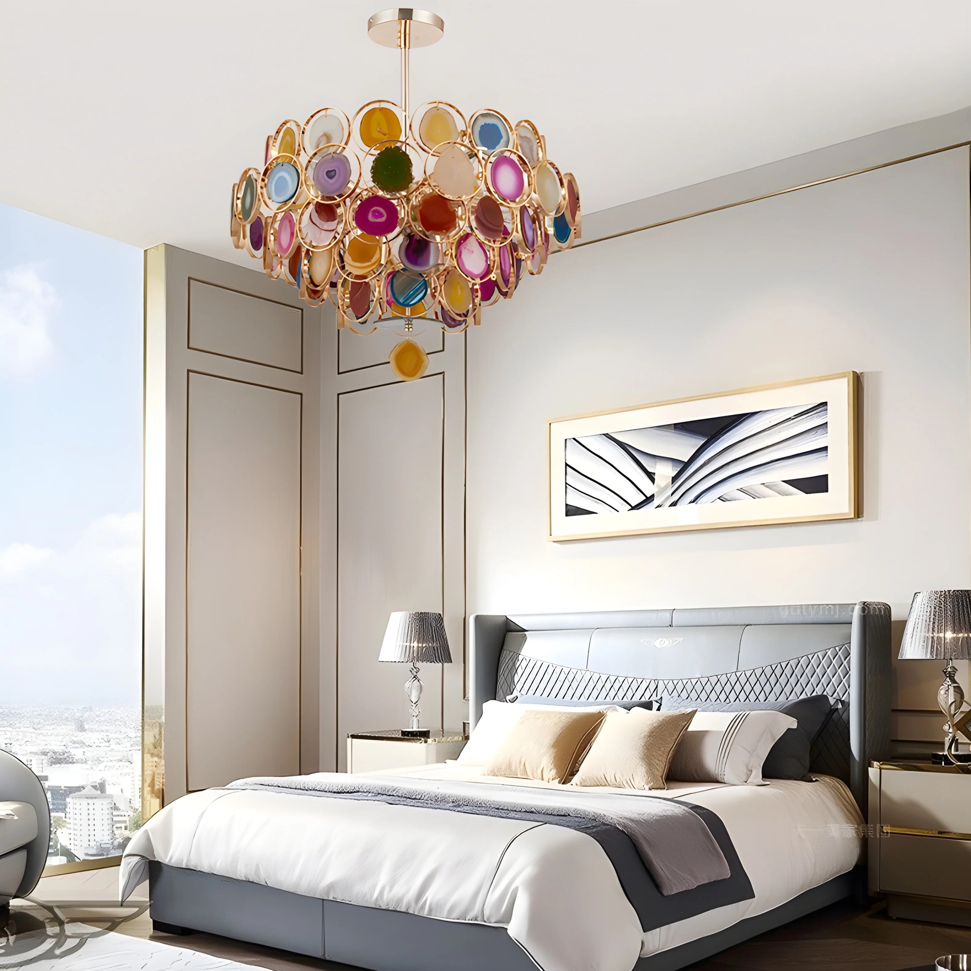 Altavilla Milicia | Gold Round Colorful Agate Stone Bohemian Style Chandelier