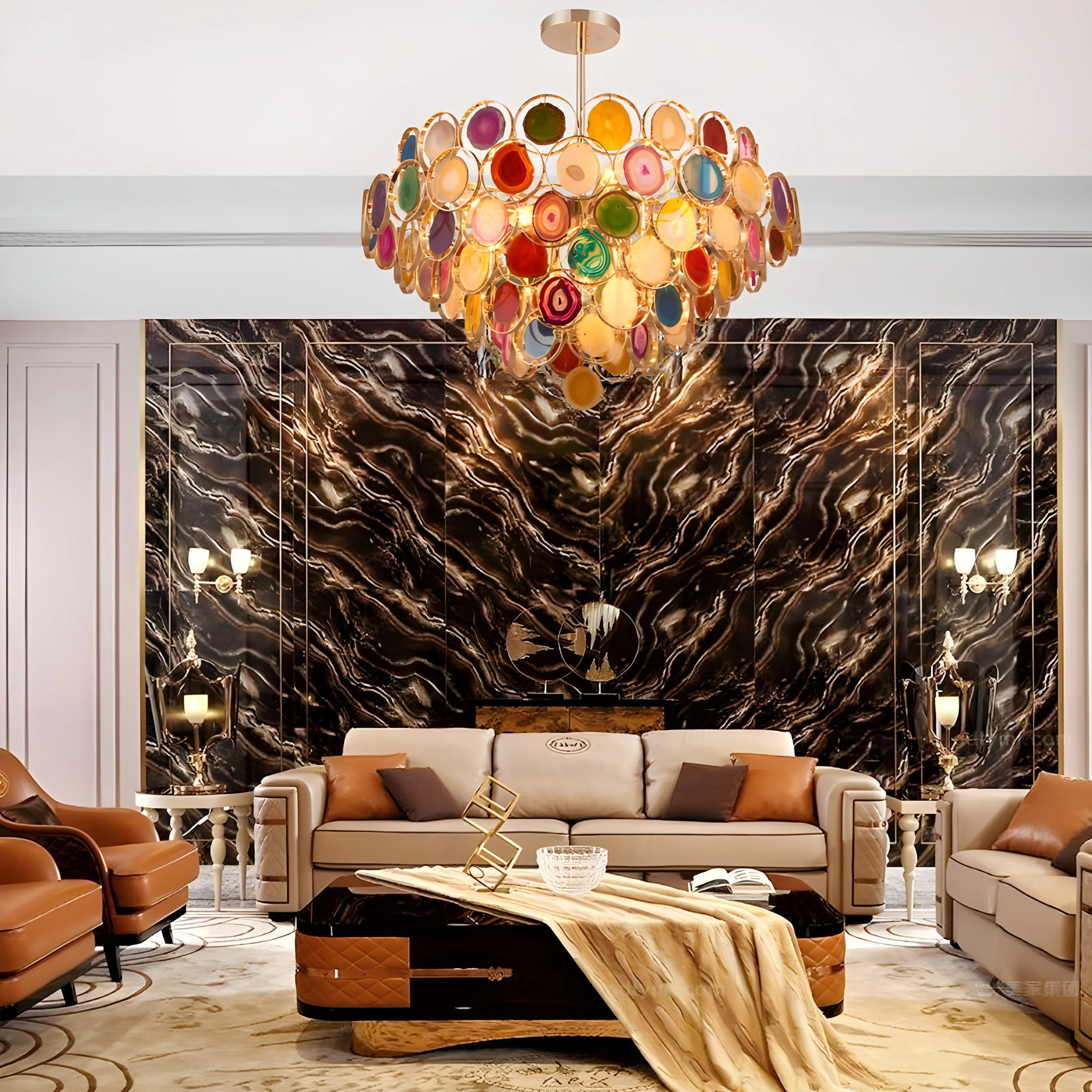 Altavilla Milicia | Gold Round Colorful Agate Stone Bohemian Style Chandelier