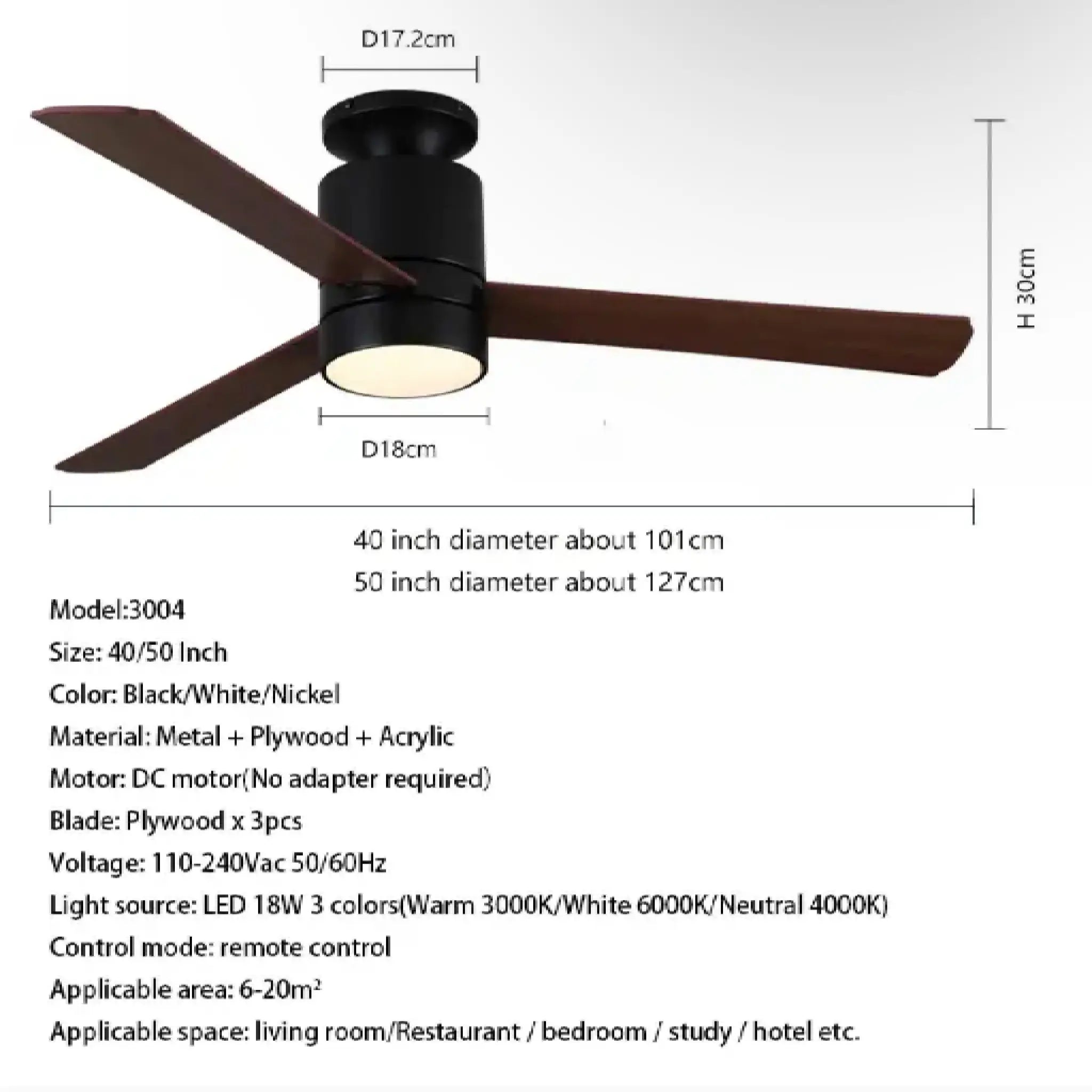 Barengo | 40-50" Ceiling Fan Without Light with Solid Wood Blades and Remote Control