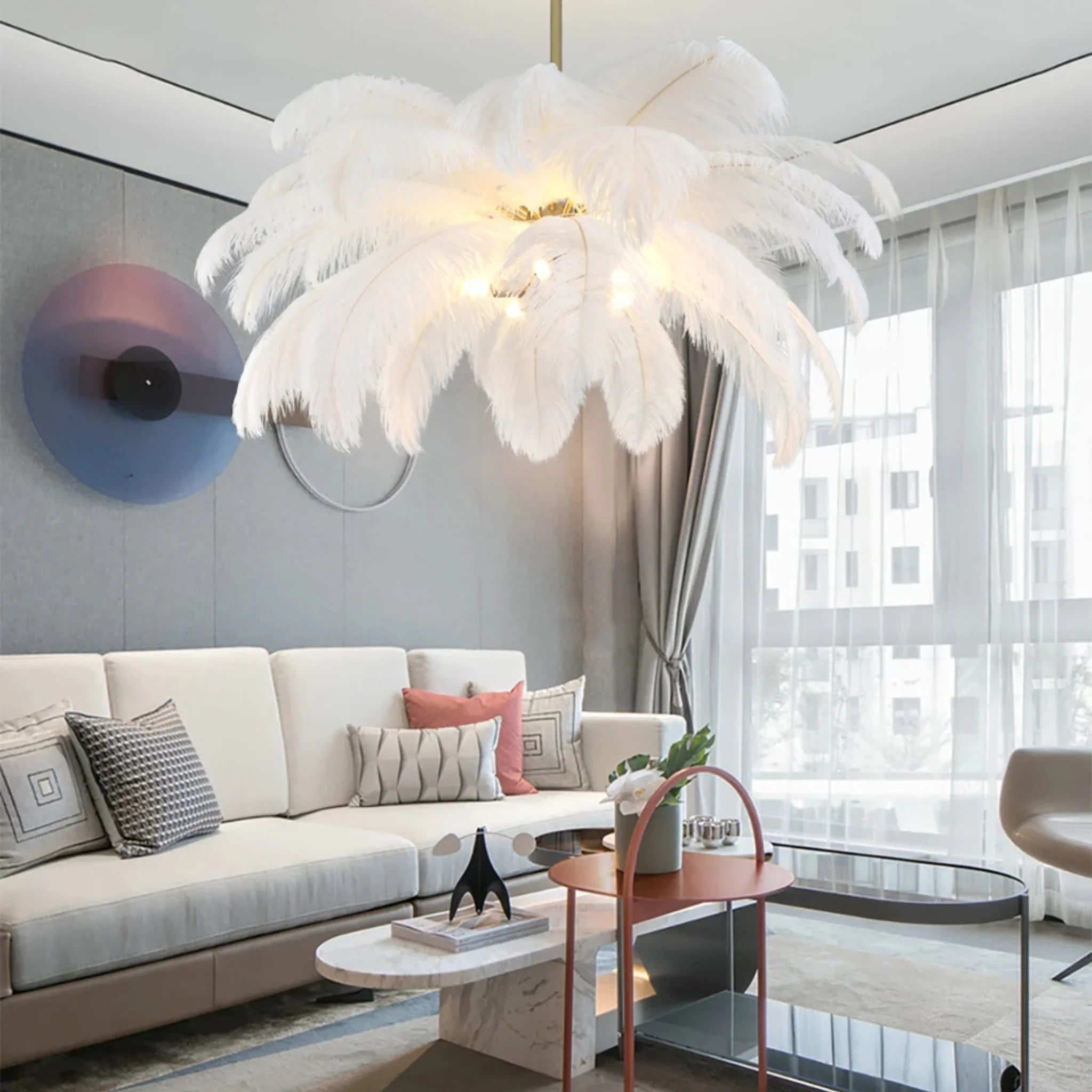 Gembloux | Pink/White Feather Round Chandelier