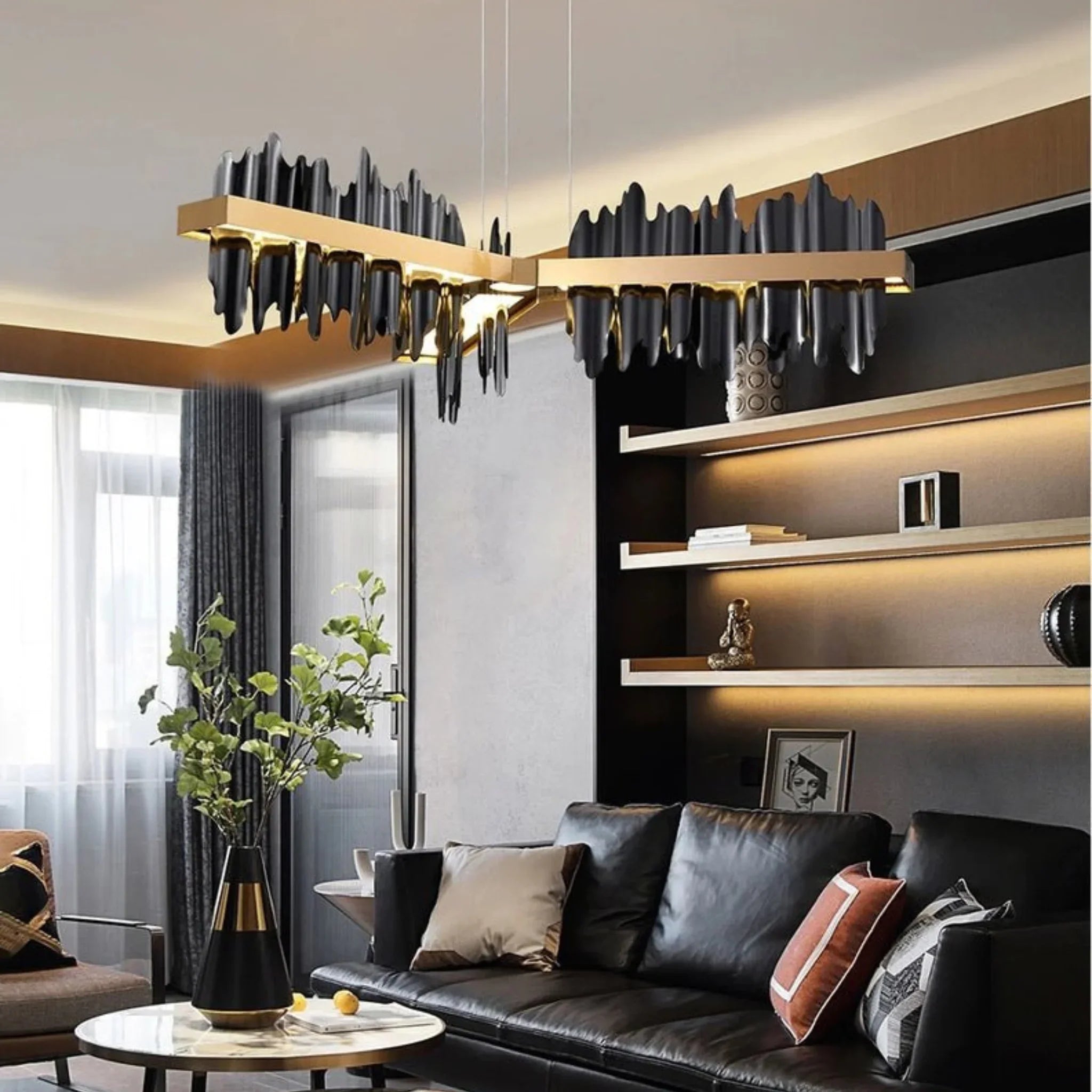 Geneve | Black/Gold Long Chandelier for Living Room