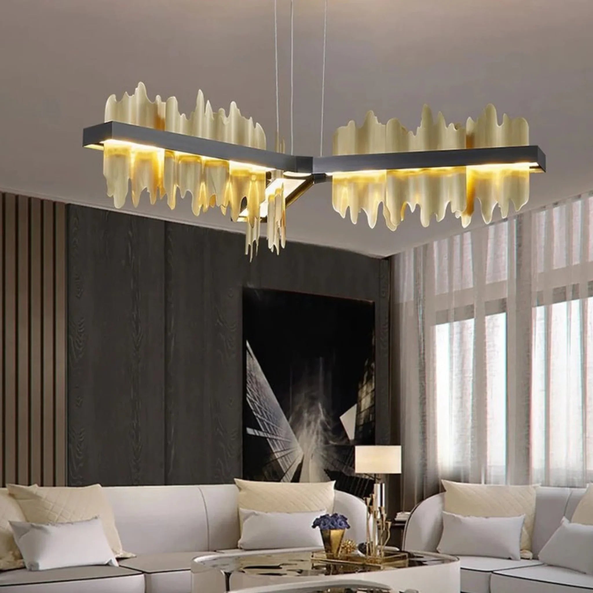 Geneve | Black/Gold Long Chandelier for Living Room