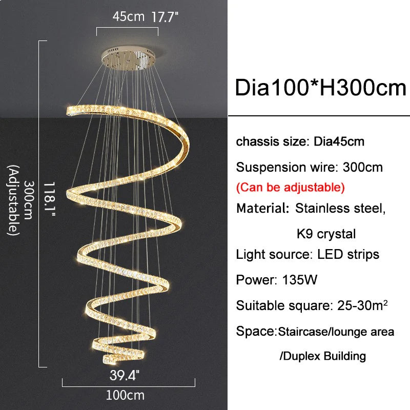 La Penne | Long Spiral Hanging Crystal Golden Chandelier