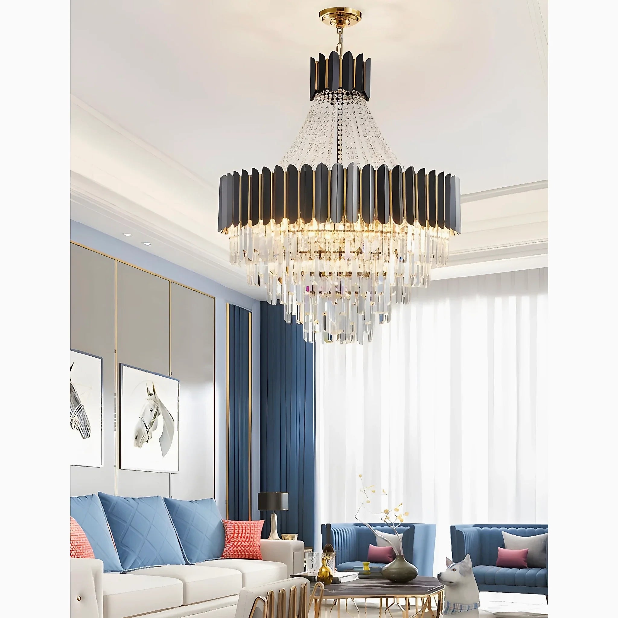 Portofino | Dia 23.6'' Modern Round Gun Black Crystal Chandelier