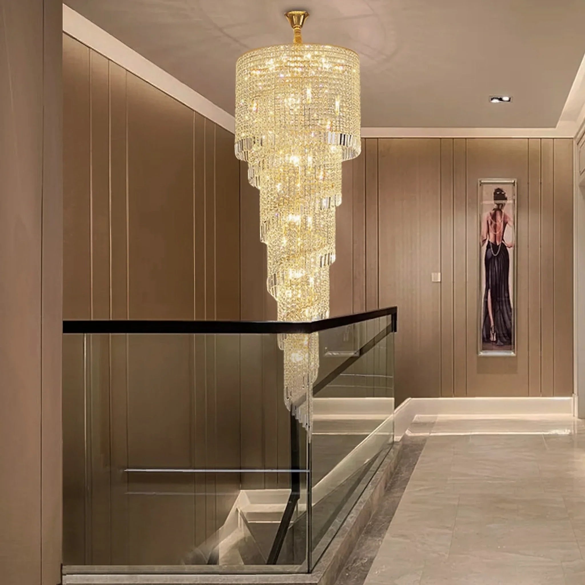 Crystal and Gold Luxury Cascading Staircase Chandelier