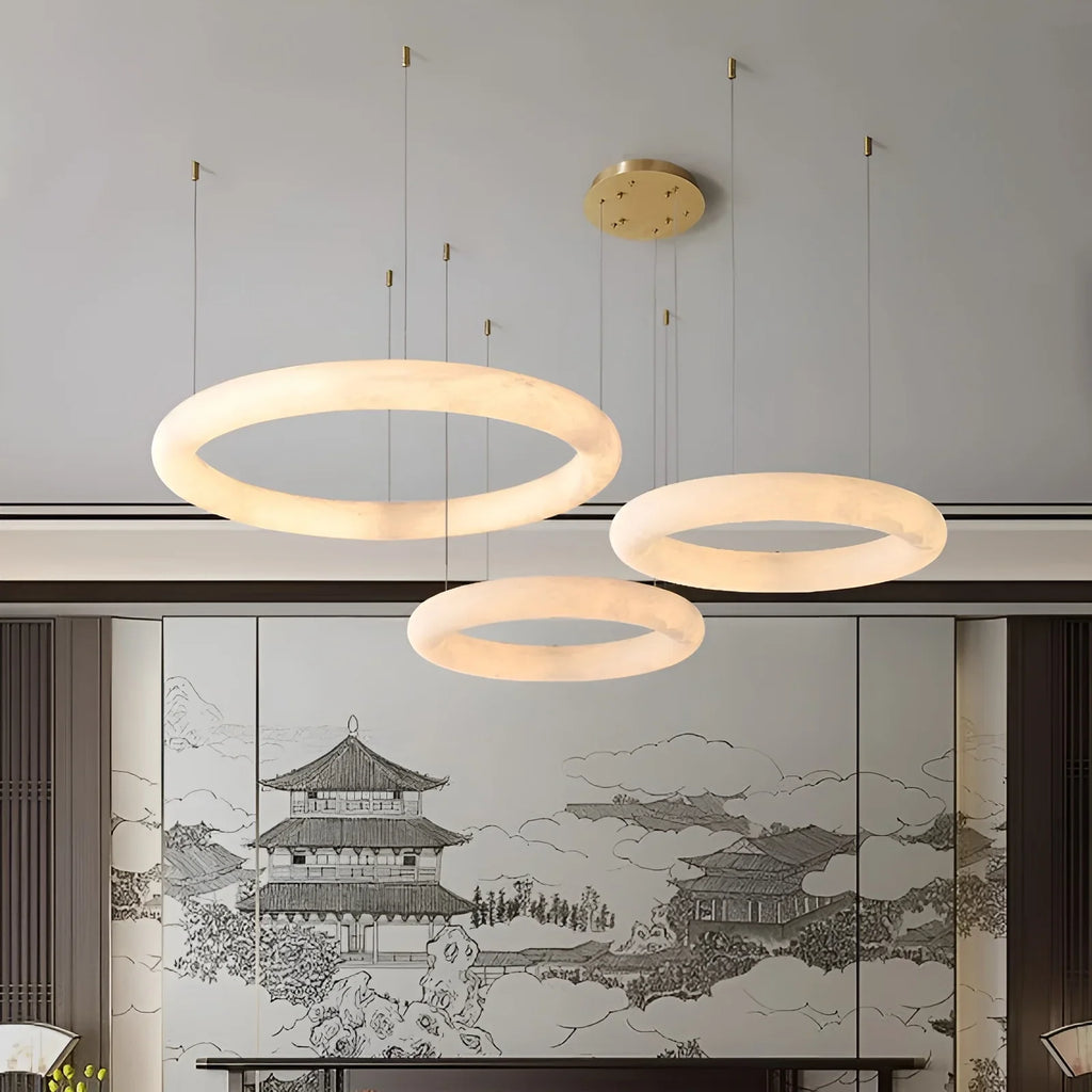 Modern Spanish Alabaster Ring Chandelier - Brass Ceiling Light