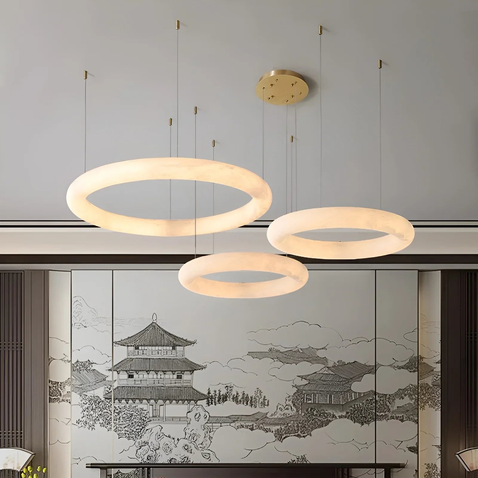 Modern Spanish Alabaster Ring Chandelier - Brass Ceiling Light