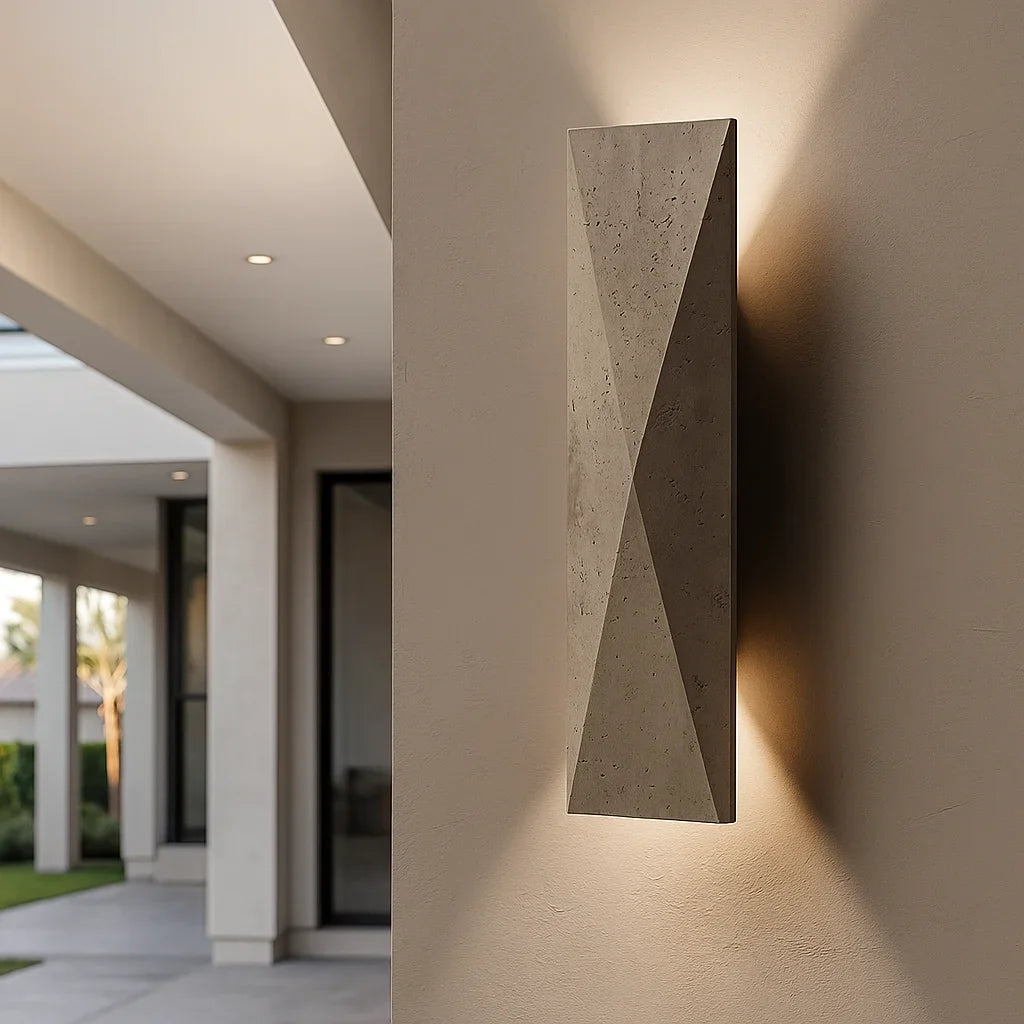 Natural Travertine Outdoor Wall Light - Modern Architectural Wabi-Sabi Sconce
