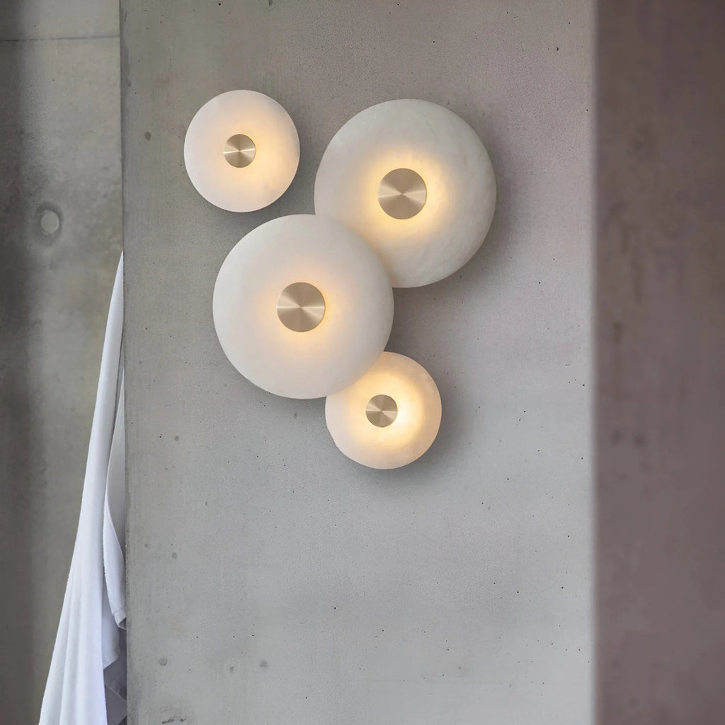Natural Alabaster Round Wall Light - Brass & Stone Sculpture Lamp