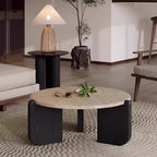 Travertine Round Coffee Table - Natural Stone & Solid Wood Base