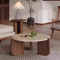 Travertine Round Coffee Table - Natural Stone & Solid Wood Base