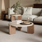 Travertine Round Coffee Table - Natural Stone & Solid Wood Base