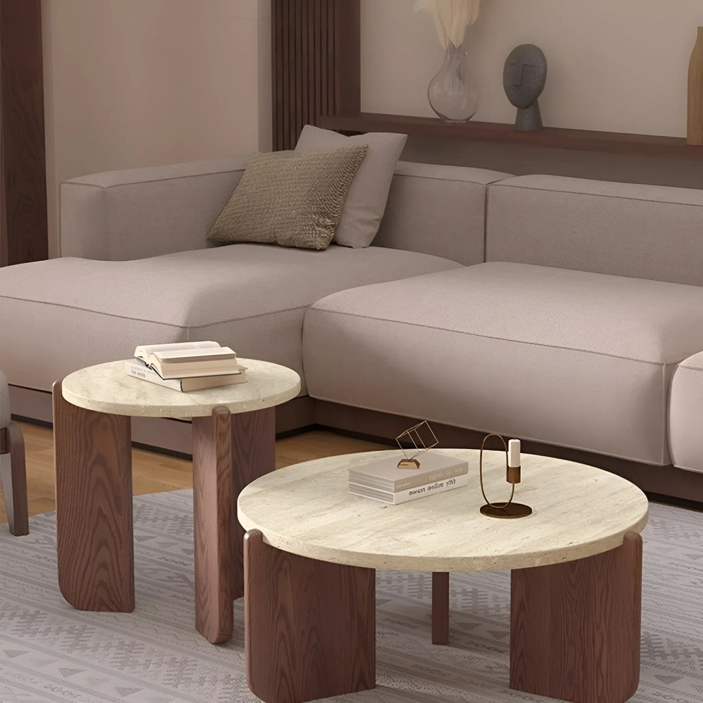 Travertine Round Coffee Table - Natural Stone & Solid Wood Base