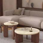 Travertine Round Coffee Table - Natural Stone & Solid Wood Base