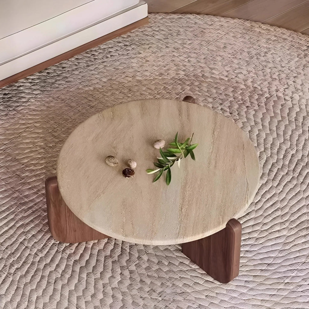 Travertine Round Coffee Table - Natural Stone & Solid Wood Base