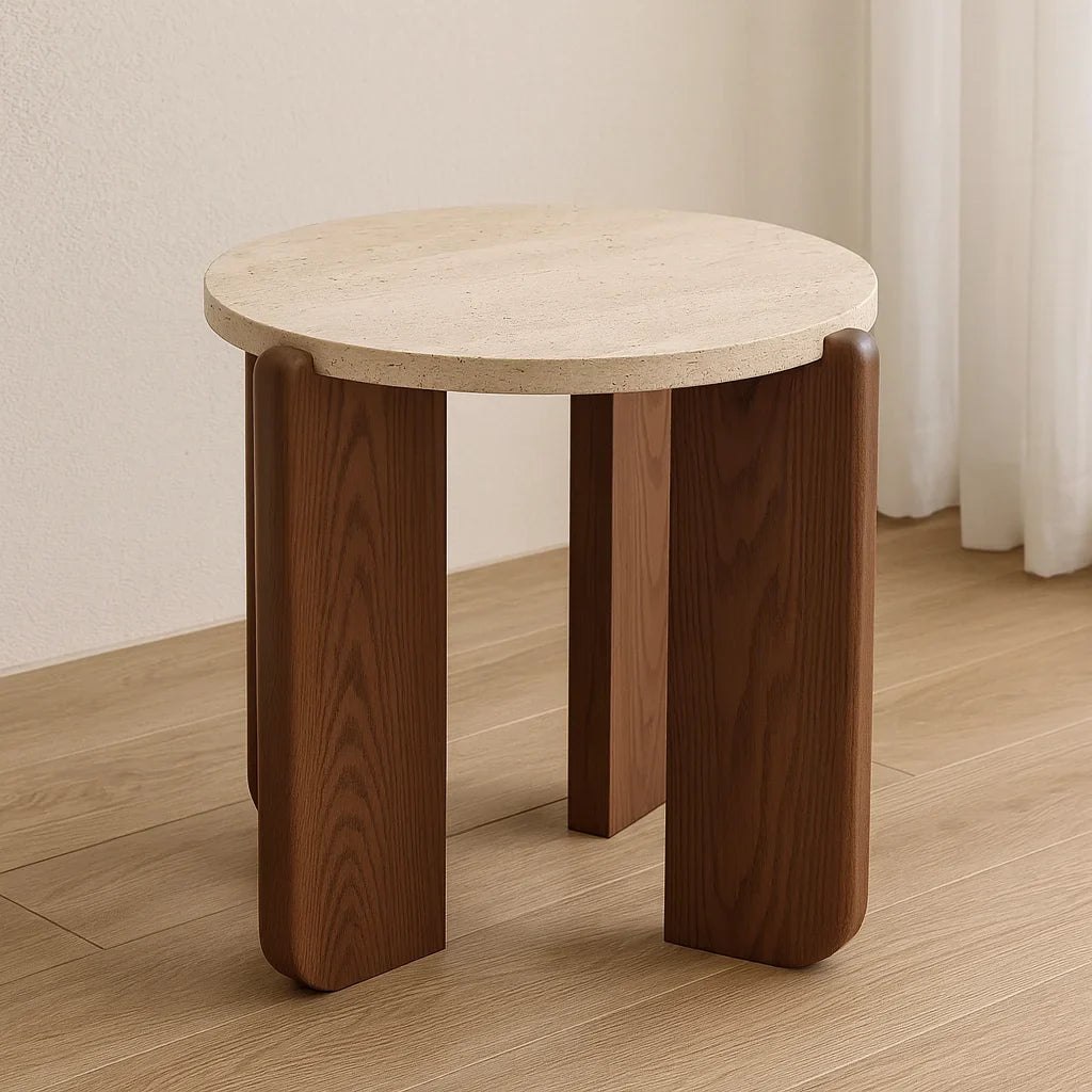 Travertine Round Coffee Table - Natural Stone & Solid Wood Base