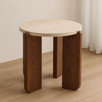 Travertine Round Coffee Table - Natural Stone & Solid Wood Base