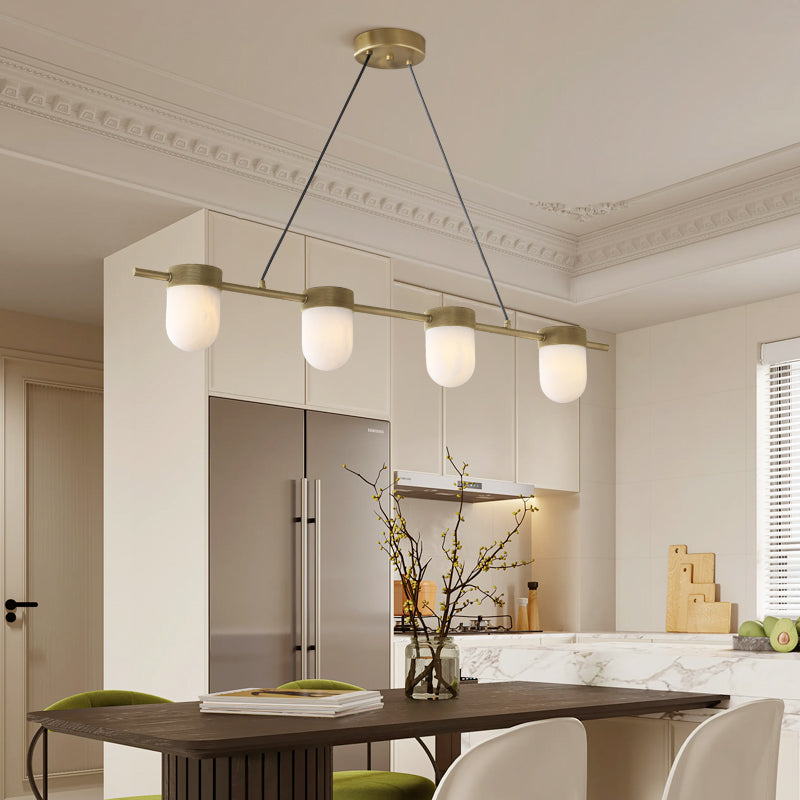 Chic Marble Linear Chandelier Over Dining Table with Hanging Chain